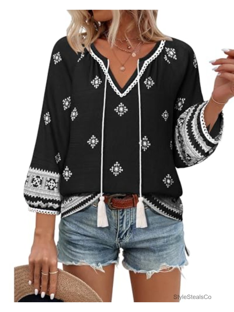 Women's Boho Blouse 3/4 Lantern Sleeve V-Neck Floral Peasant Top